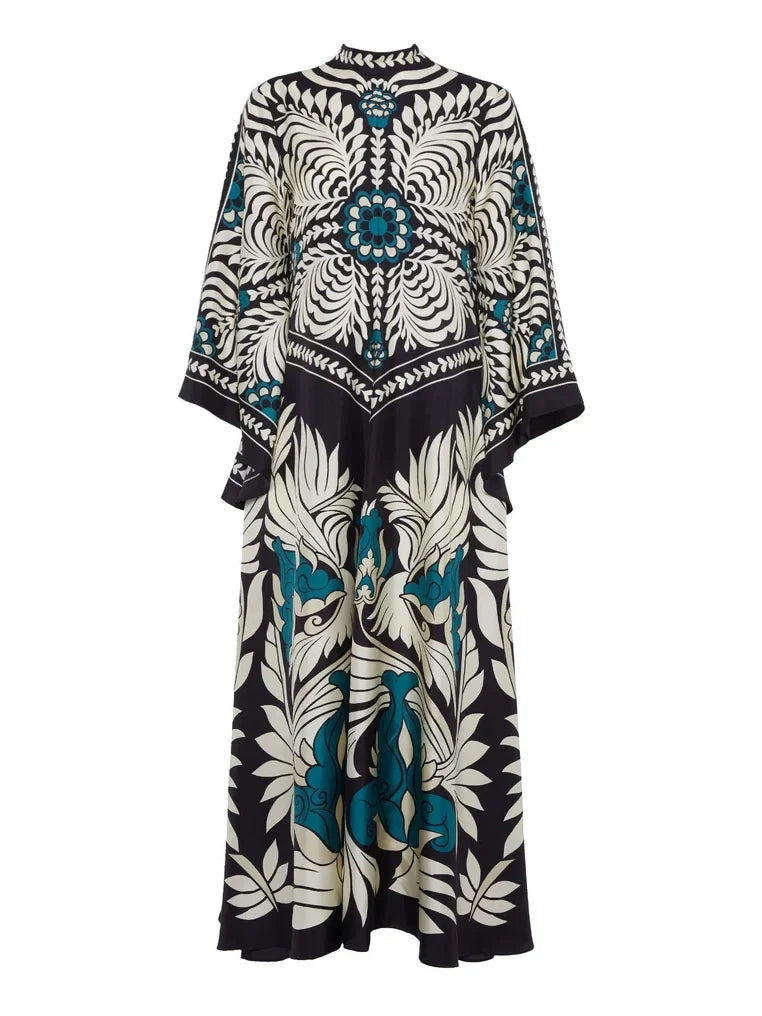 Elegance Floral Print Waterfall Sleeves Maxi Dress