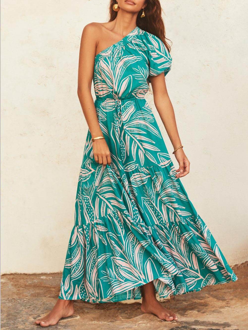Off-Shoulder Palm Leaf Print Holiday Style Floral Dress