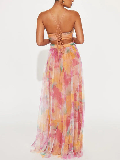 Elegant Painted Floral Print V-Neck A-Line Maxi Dress